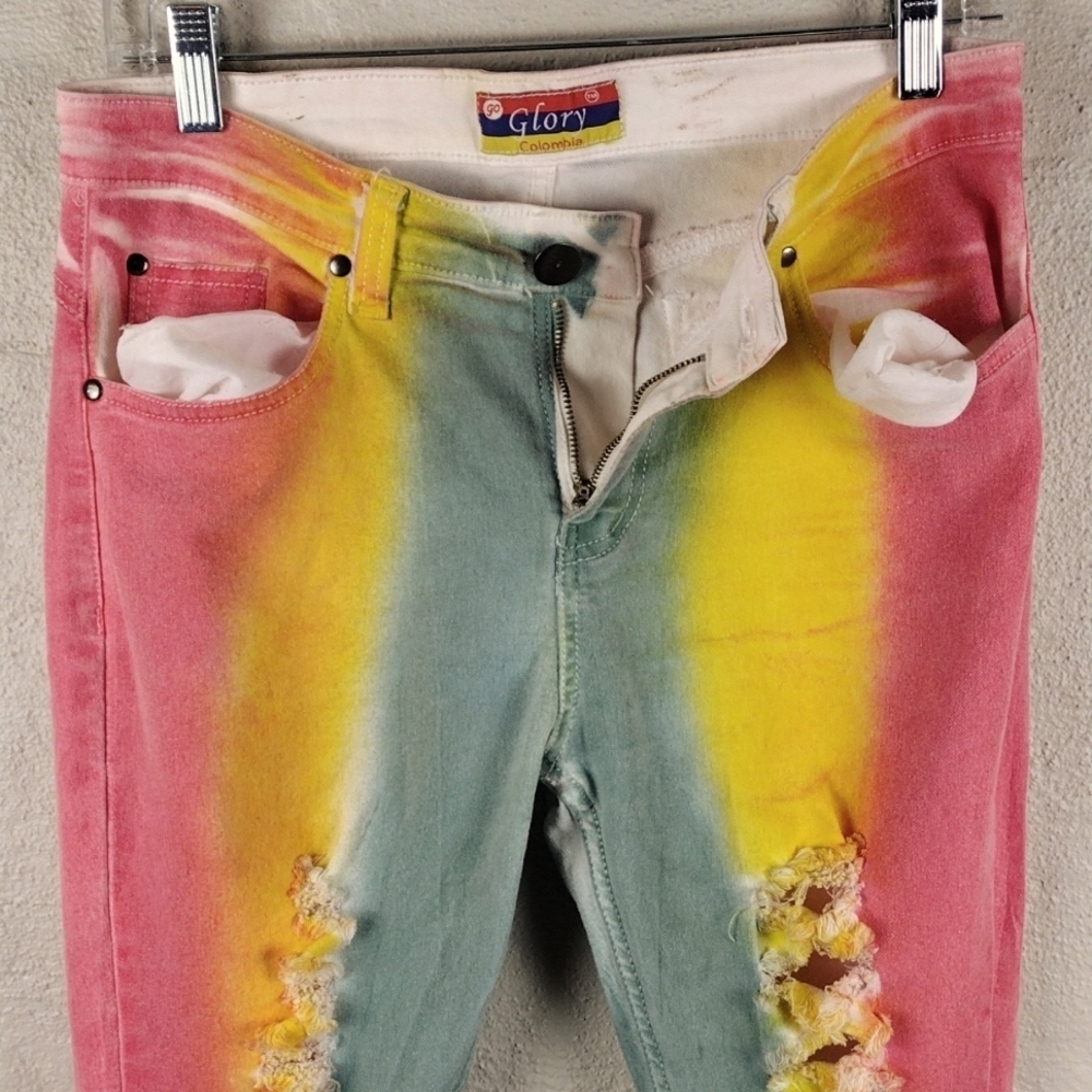 Go Glory Pink Yellow Tie-Dye Mid Rise Button Zip Ripped Skinny Colored Jeans - Picture 5 of 16